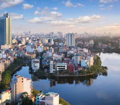 View over the city of Hanoi, Vietnam, with Trúc Bạch Lake in the foreground.